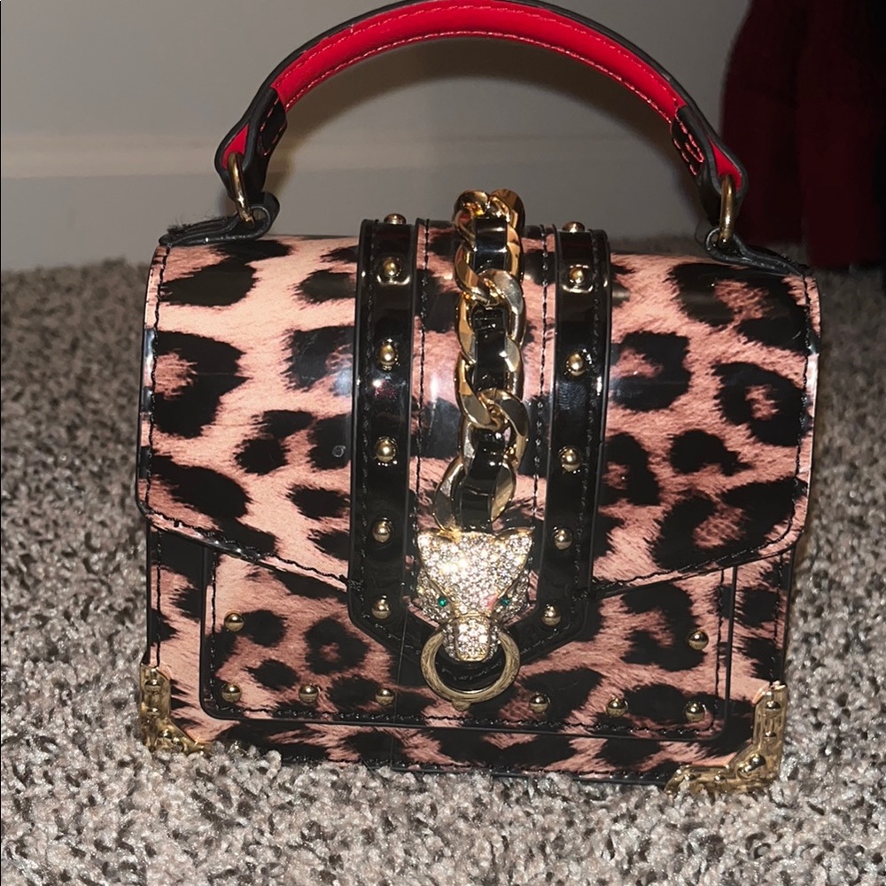 Leopard Print Women's Bag with Red Handle